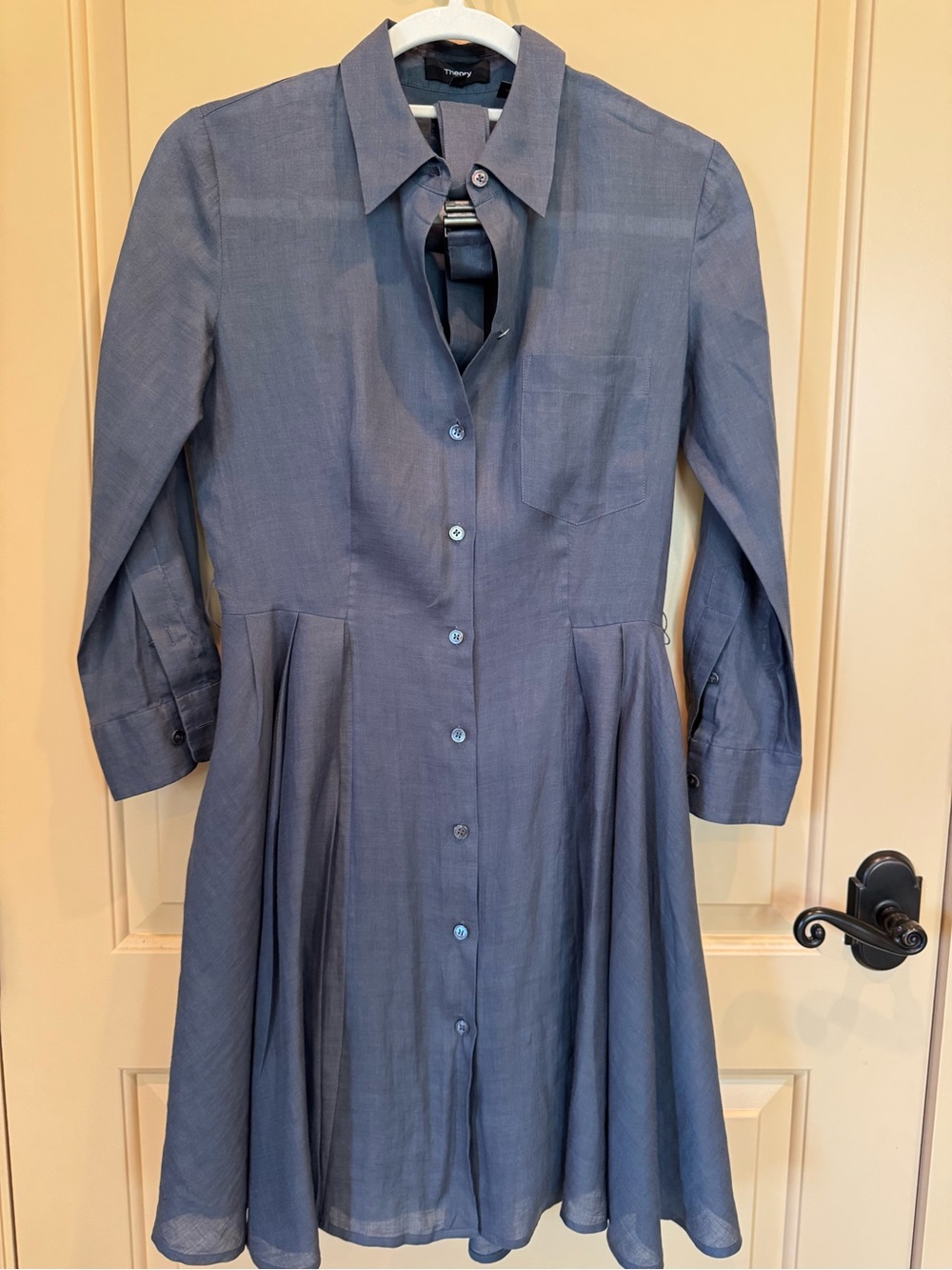 Theory Slate Blue Linen Long-Sleeve Button Front Shirt Dress